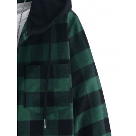 Men Buffalo Plaid Patched Pocket Drawstring Hooded Shirt Without Tee