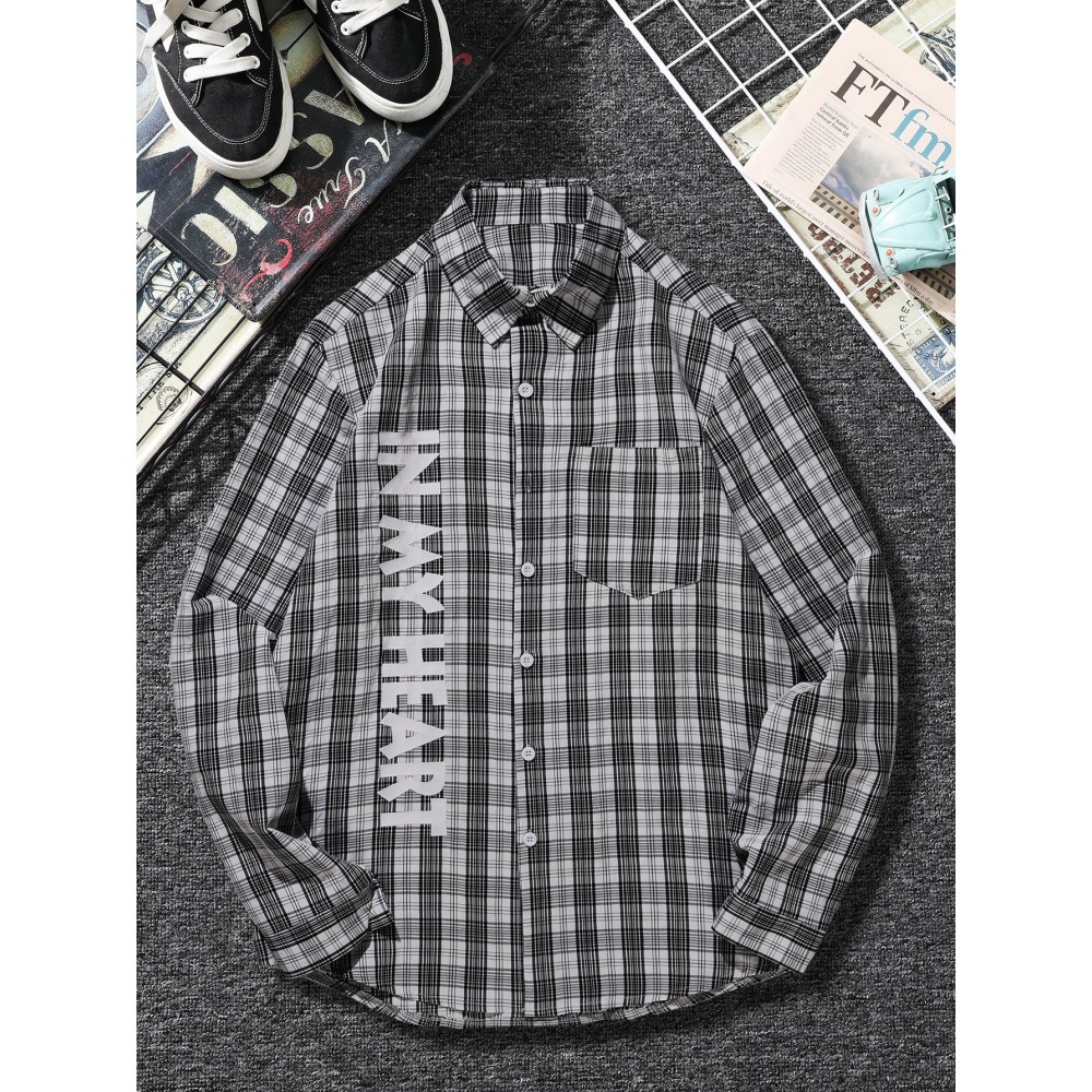 Men Letter And Plaid Print Shirt