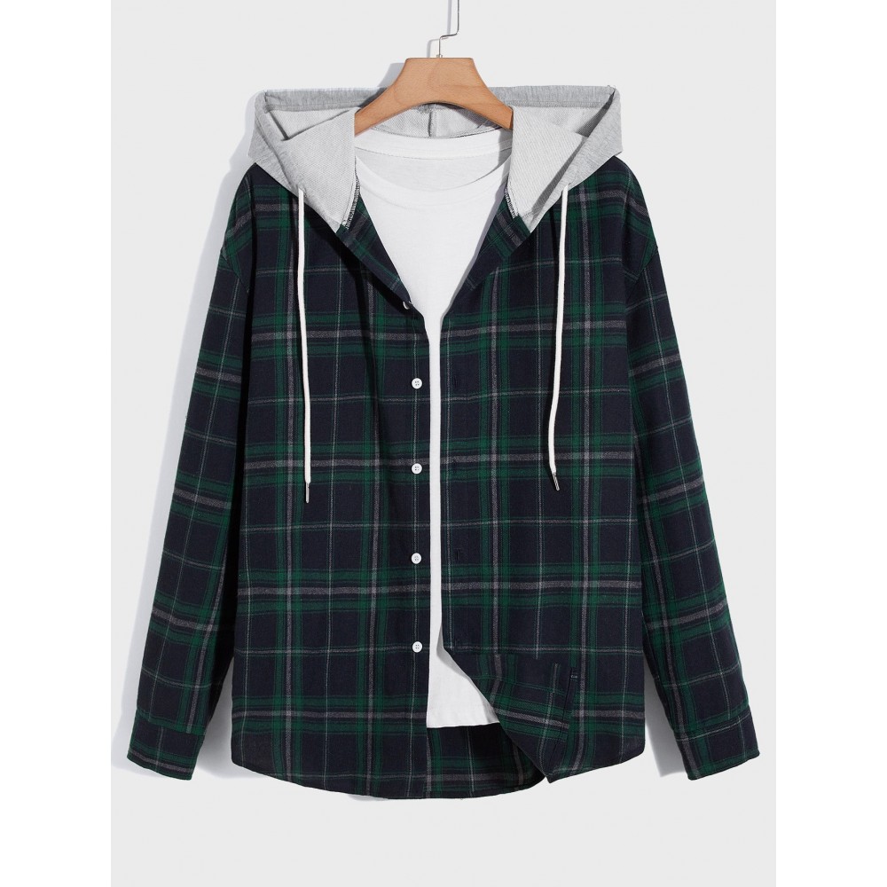 Men Tartan Print Drawstring Hooded Shirt Without Tee