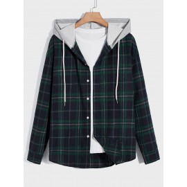 Men Tartan Print Drawstring Hooded Shirt Without Tee