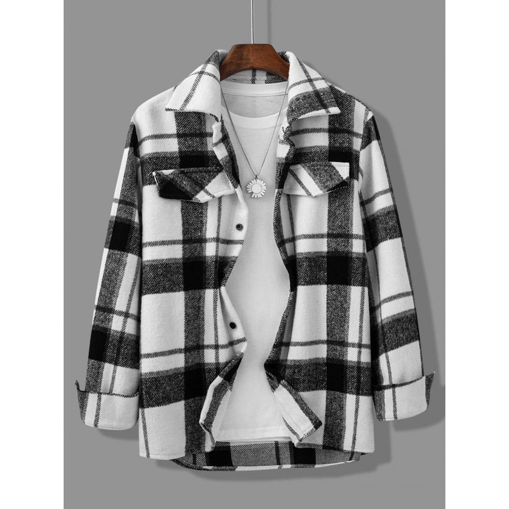 Men Plaid Print Flap Detail Overcoat Without Top