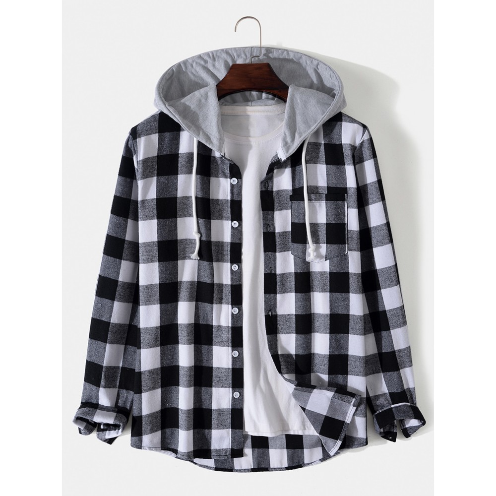 Men Plaid Button Through Hooded Shirt