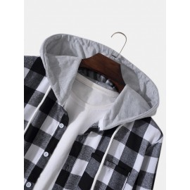 Men Plaid Button Through Hooded Shirt