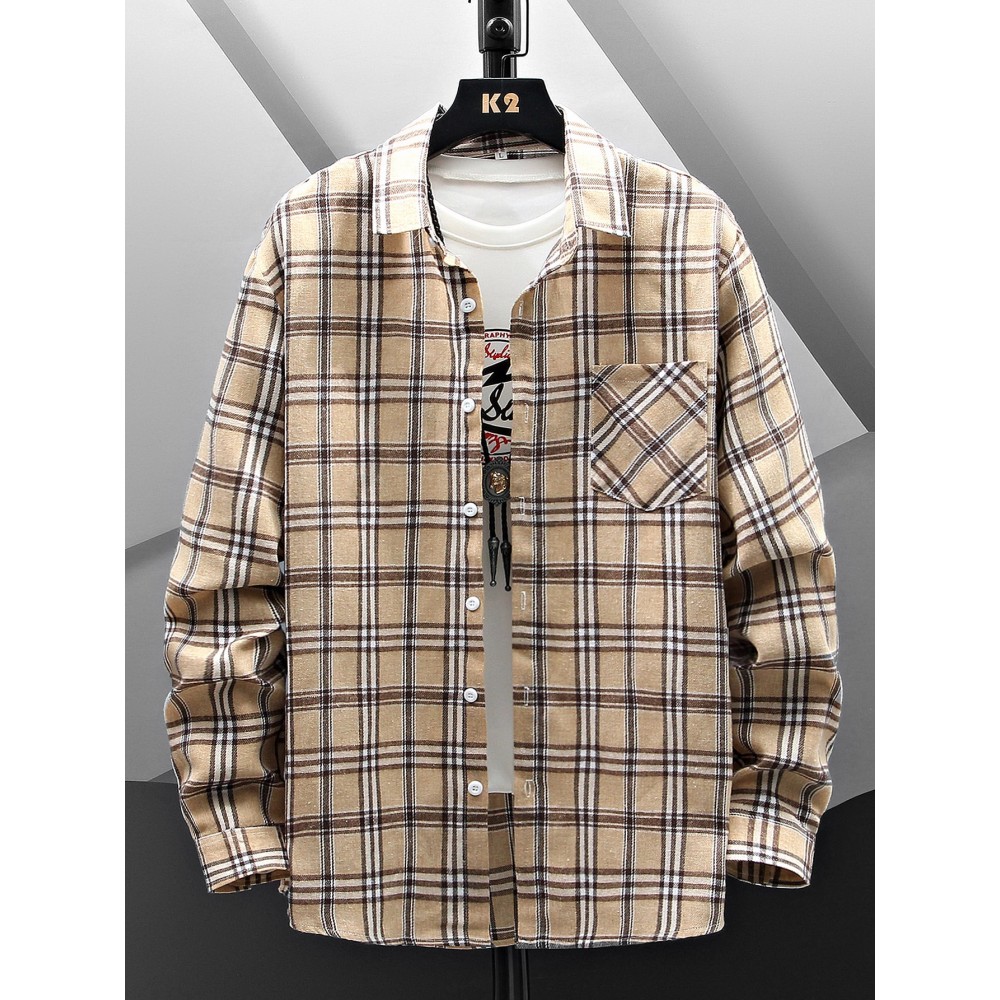 Men Plaid Patched Pocket Shirt Without Tee