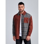 Extended Sizes Men Pocket Front Cord Panel Plaid Shirt