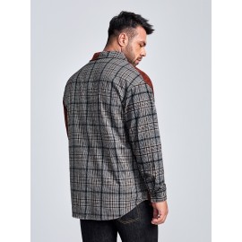 Extended Sizes Men Pocket Front Cord Panel Plaid Shirt