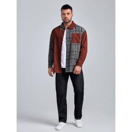 Extended Sizes Men Pocket Front Cord Panel Plaid Shirt