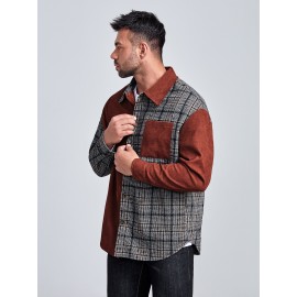 Extended Sizes Men Pocket Front Cord Panel Plaid Shirt