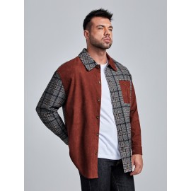 Extended Sizes Men Pocket Front Cord Panel Plaid Shirt