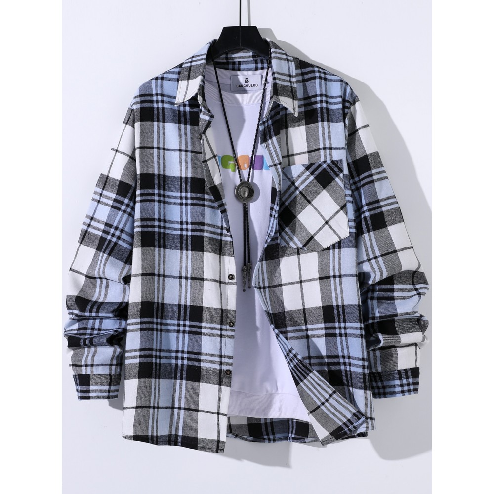 Men Plaid Patched Pocket Shirt Without Tee