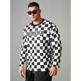 Extended Sizes Men Checkered & Letter Graphic Tee