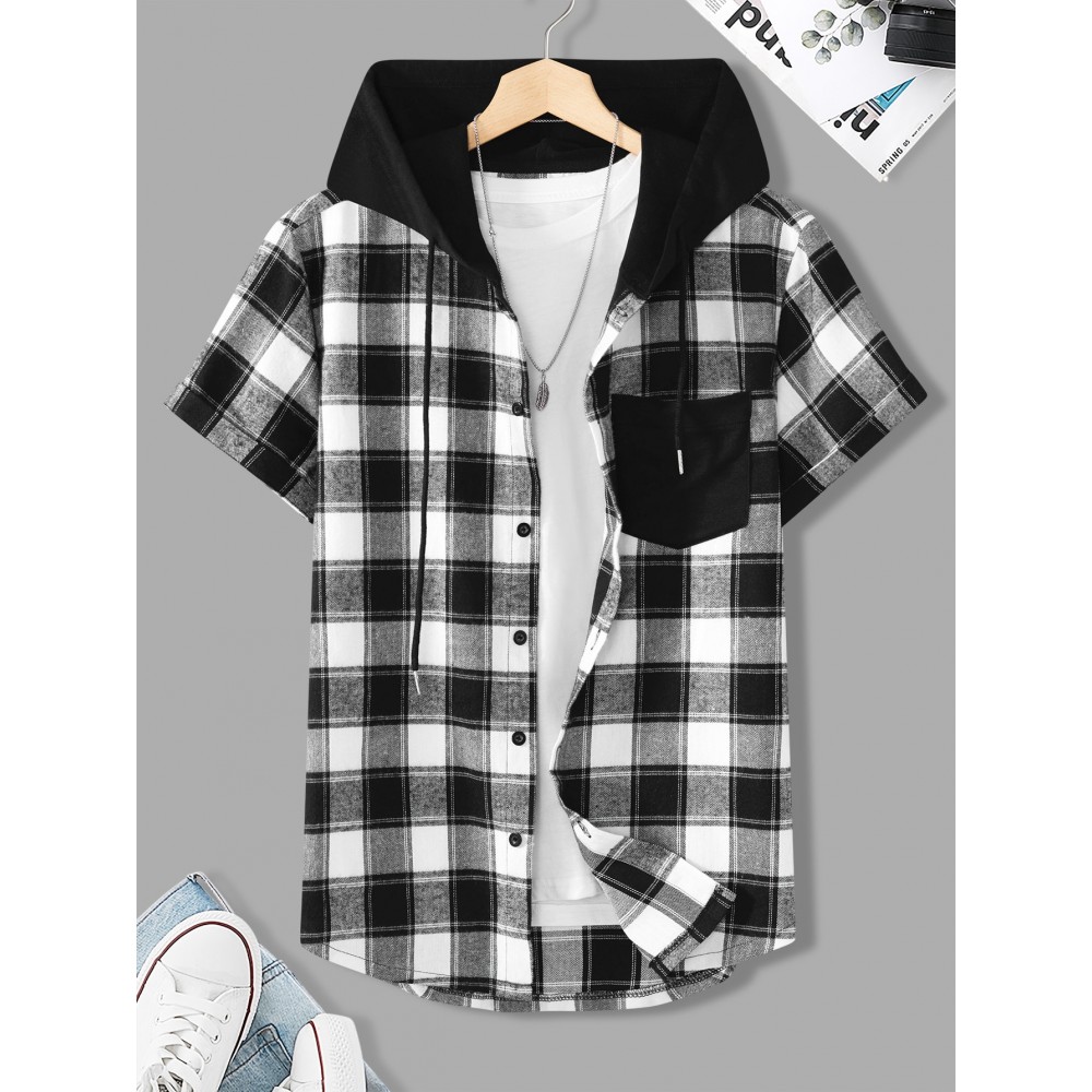 Men Plaid Patched Pocket Drawstring Hooded Shirt Without Tee