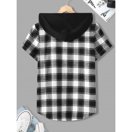 Men Plaid Patched Pocket Drawstring Hooded Shirt Without Tee