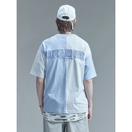 Men Letter Embroidery Contrast Plaid Print Tee