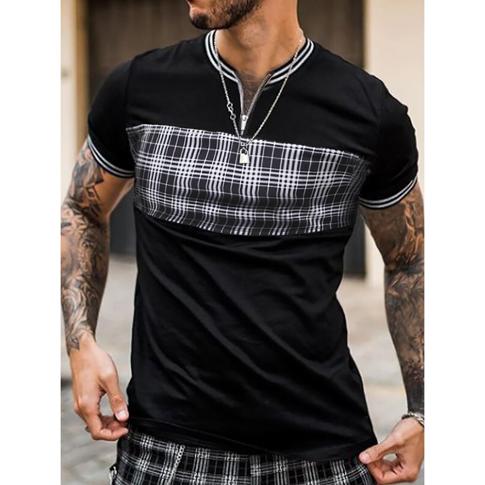 Men Plaid Quarter Zipper Striped Trim Polo Shirt