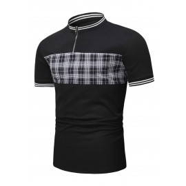 Men Plaid Quarter Zipper Striped Trim Polo Shirt