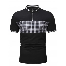 Men Plaid Quarter Zipper Striped Trim Polo Shirt