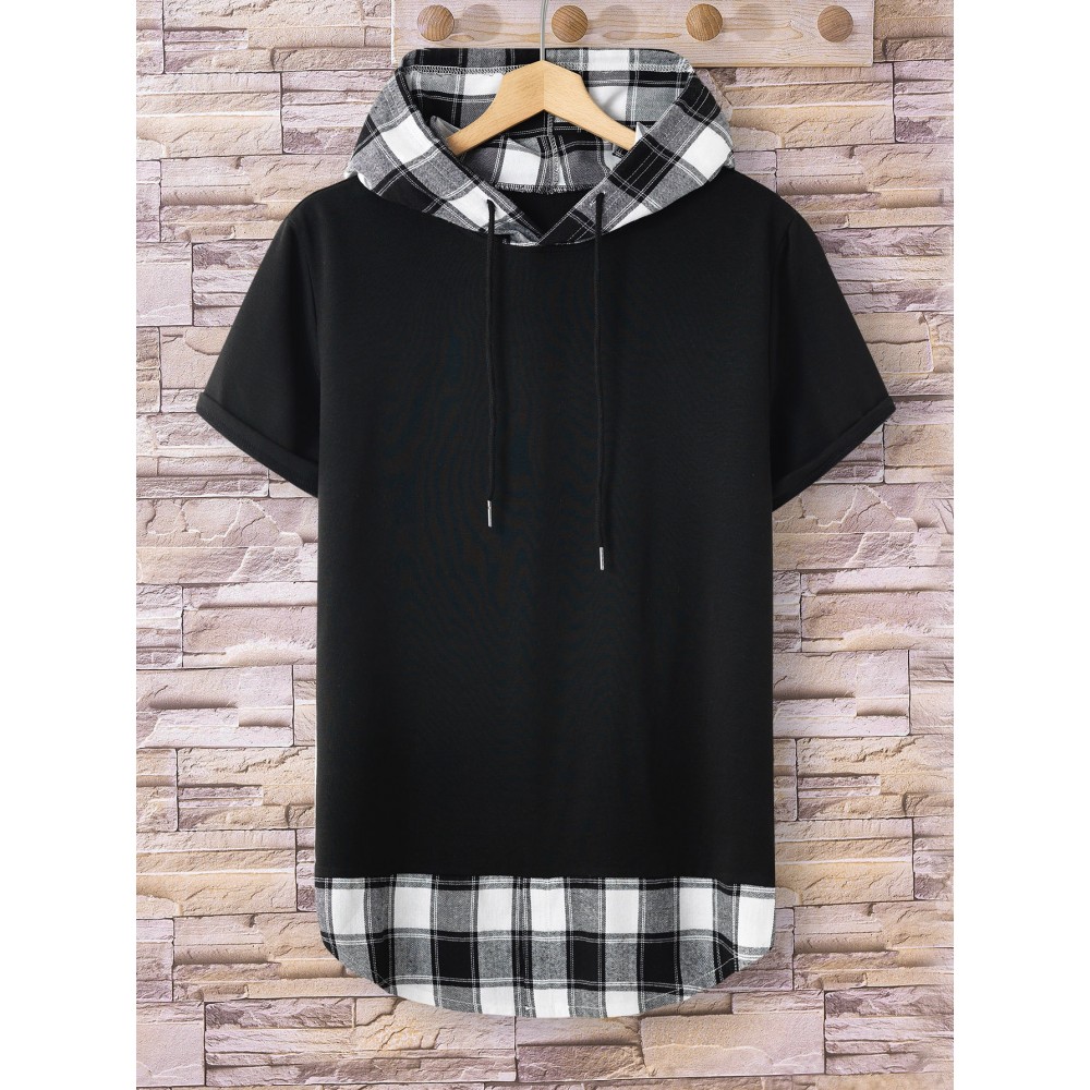 Men Plaid Drawstring Hooded 2 In 1 Tee