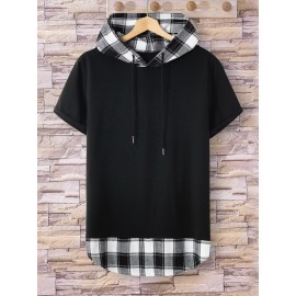 Men Plaid Drawstring Hooded 2 In 1 Tee