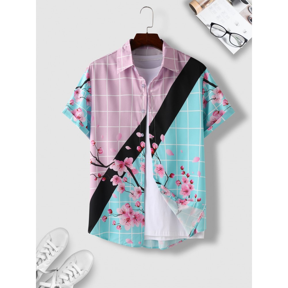 Men Windowpane & Floral Print Shirt Without Tee