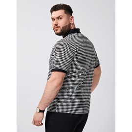 Extended Sizes Men Contrast Trim Houndstooth Polo Shirt