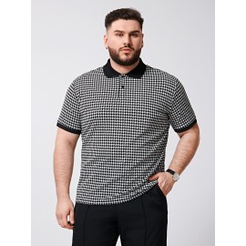 Extended Sizes Men Contrast Trim Houndstooth Polo Shirt