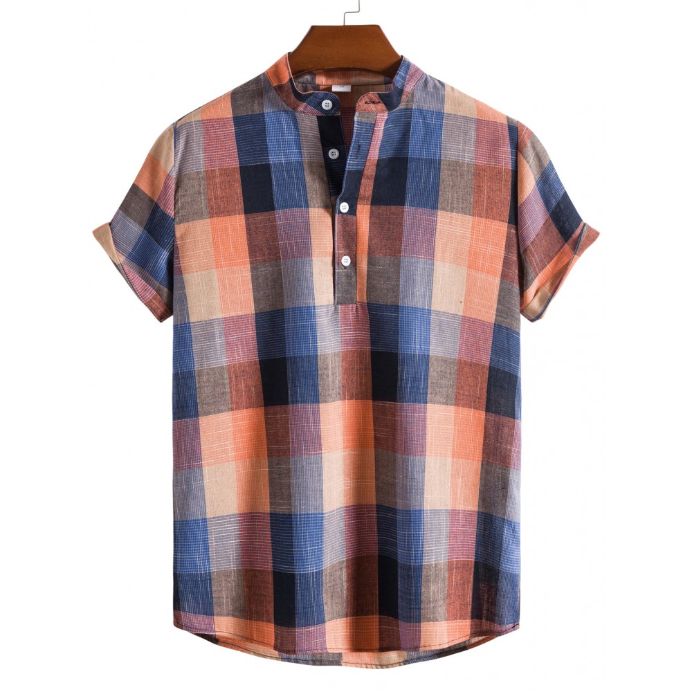 Men Plaid Half Button Shirt