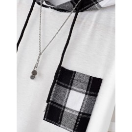 Men Random Plaid Print Drawstring Pocket Patched Hooded Tee