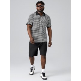 Extended Sizes Men Houndstooth Print Polo Shirt