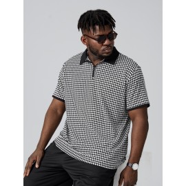 Extended Sizes Men Houndstooth Print Polo Shirt