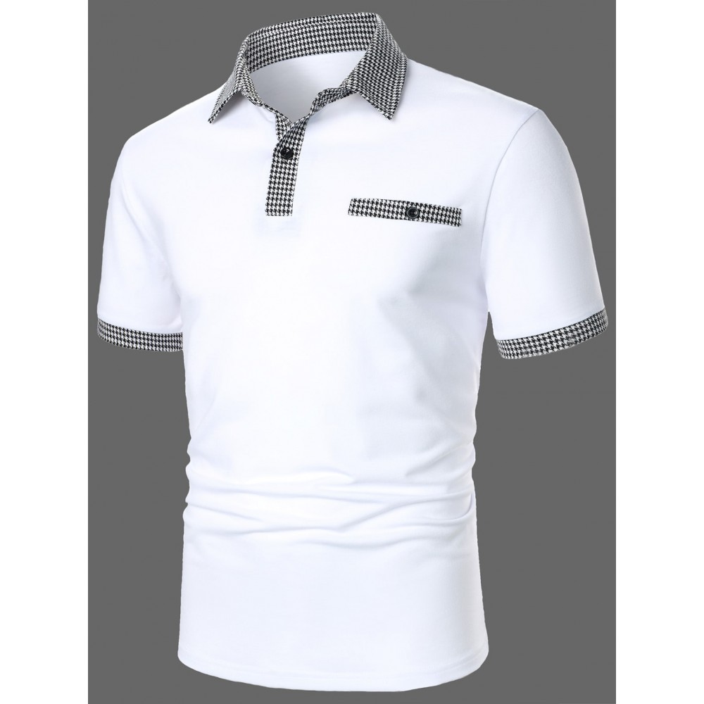 Men Houndstooth Contrast Collar Polo Shirt