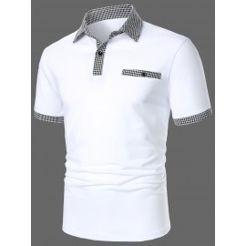 Men Houndstooth Contrast Collar Polo Shirt