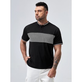 Extended Sizes Men Houndstooth Panel Contrast Trim Polo Shirt