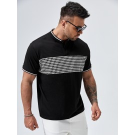 Extended Sizes Men Houndstooth Panel Contrast Trim Polo Shirt