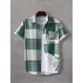 Men 1pc Plaid Print Pocket Patched Shirt