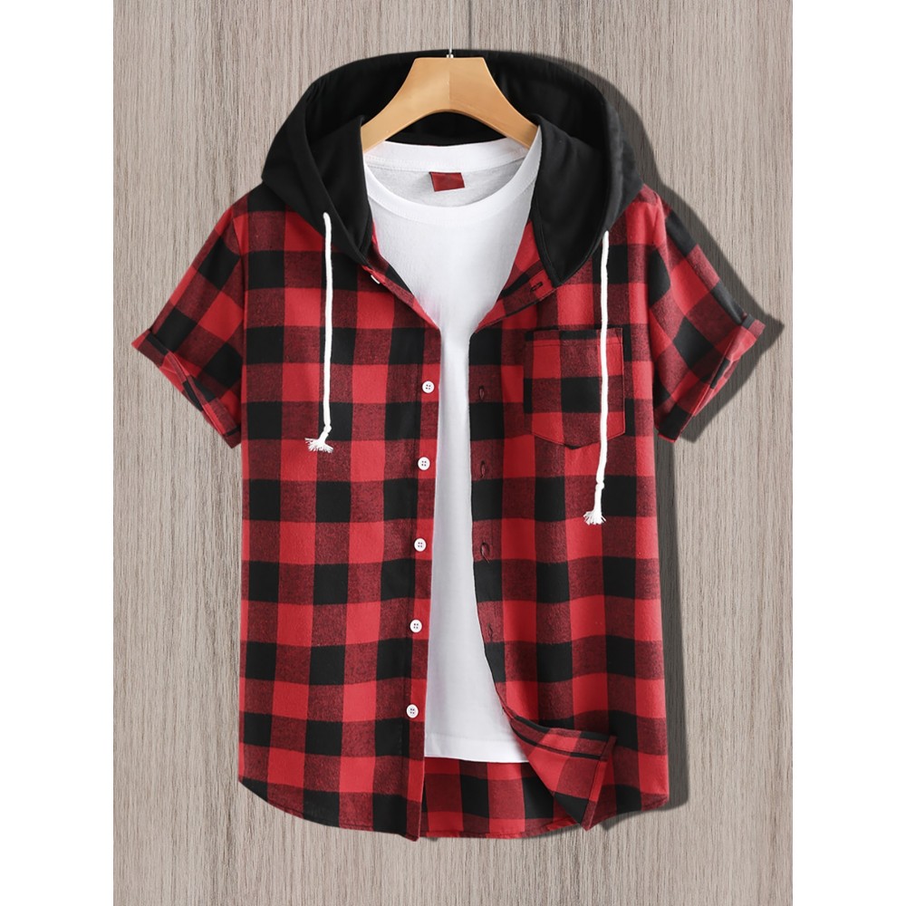 Men Buffalo Plaid Drawstring Hooded Shirt Without Tee